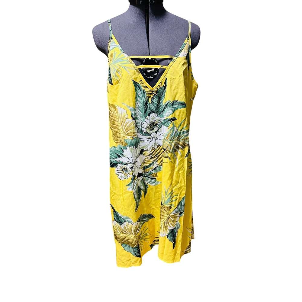 SHEIN Yellow Tropical Floral Print Criss Cross Neck Spaghetti Strap Mini Dress L